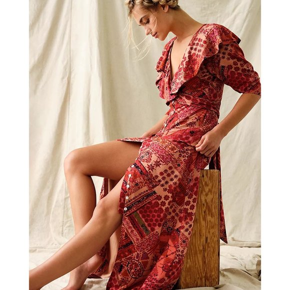 FREE PEOPLE LENNON MAXI DRESS PRIMROSE COMBO CORAL PINK M NWT - Picture 2 of 13